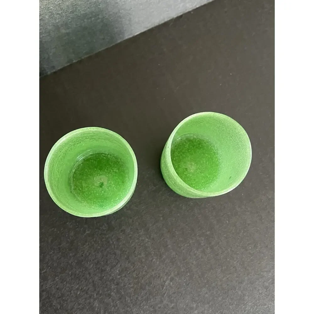 Hand Blown Green Votive Candle Holder Art Glass Bubble Glass Set Of 2 Jade 3”